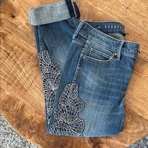White House Black Market Blue Jeans with Floral Embroidery